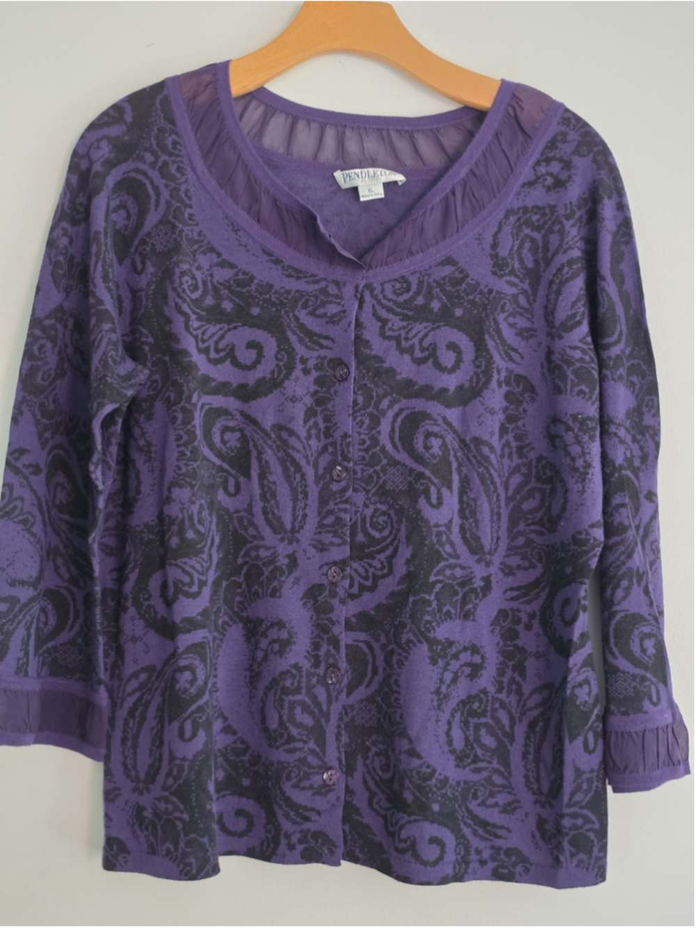 Pendleton Petite XL Purple Paisley Merino Wool Cardigan Sweater Mesh Trim XLP